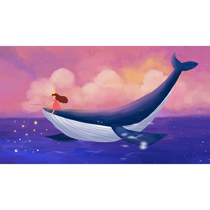 Girl Fishing on Whale Mural Pink-Blue Childrens Art Wall Covering for Kids Bedroom