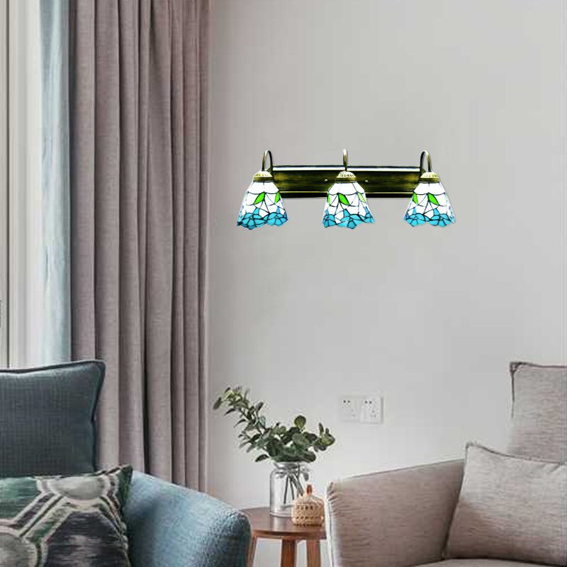 Flower Blue-White Glass Sconce Lighting Tiffany 3 Heads Bronze Wall Mounted Light