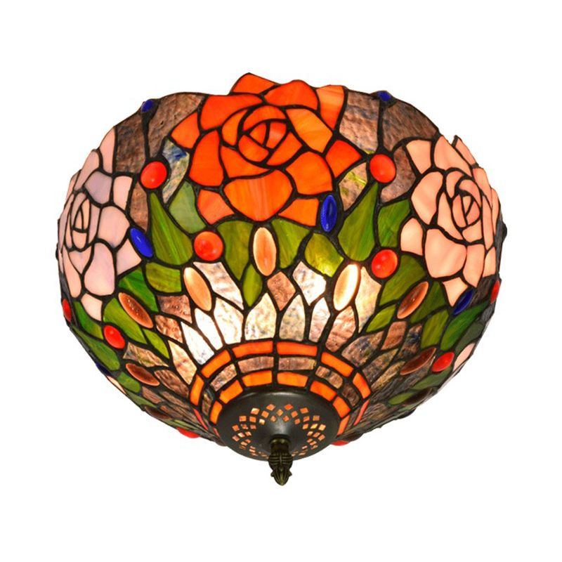 Brass Blossom Lighting Fixture Tiffany 2 Bulbs Multicolored Stained Glass Flush Mount Ceiling Light