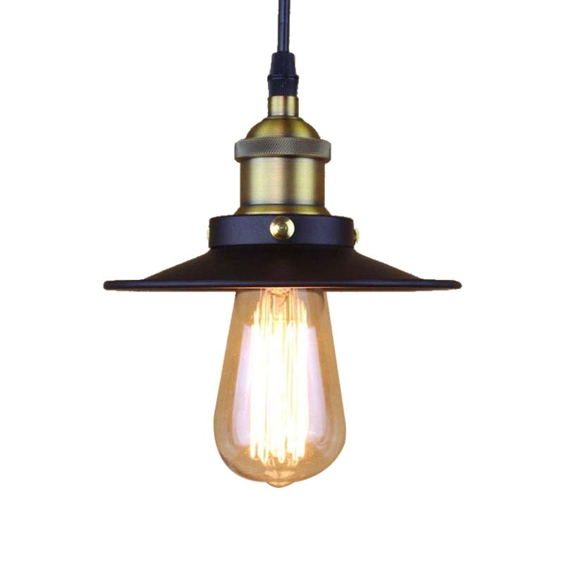 Metallic Flat Shade Ceiling Pendant Retro Stylish 1 Bulb Coffee Shop Hanging Lamp in Black, 7"/8.5" Width