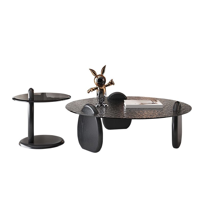 Glass Top Coffee Table Black Modern Round 3 Legs  Cocktail Table