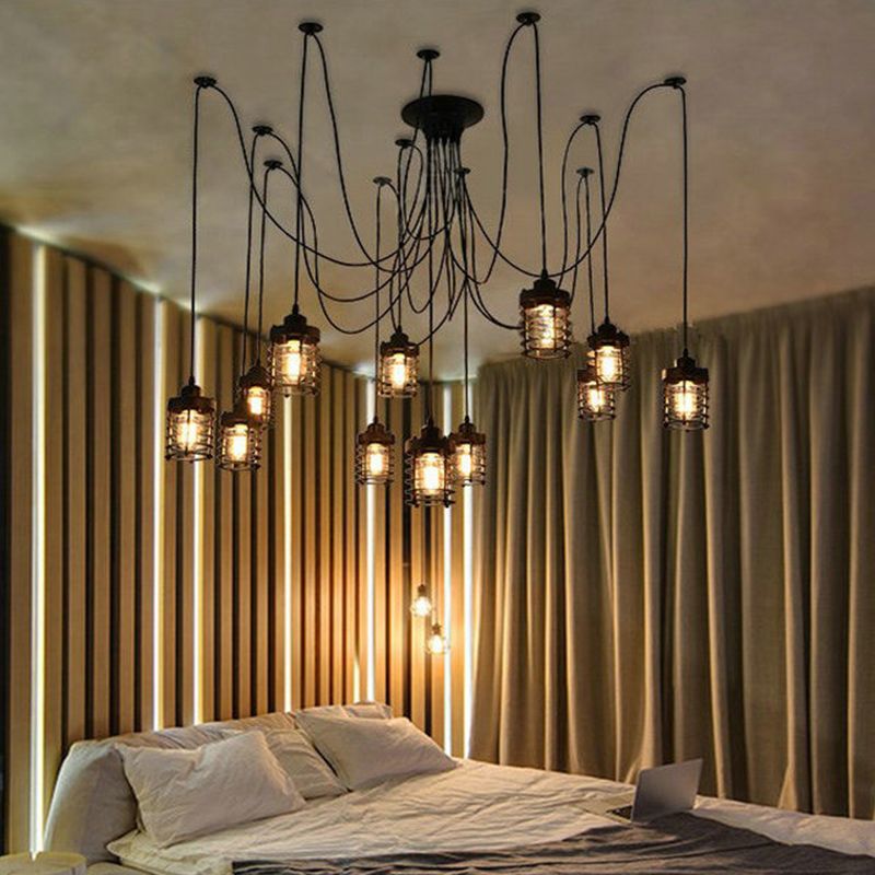 12 Köpfe Swag Anhänger Lampe Bauernhaus Schlafzimmer Multi -Licht Deckenleuchte mit Zylindereisenkäfig in Schwarz