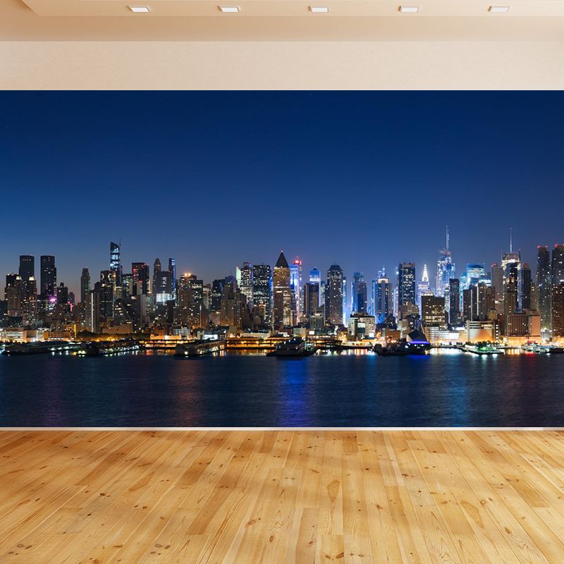 Photograph Night City Scenery Mural for Living Room, Dark Color, Personalized Size