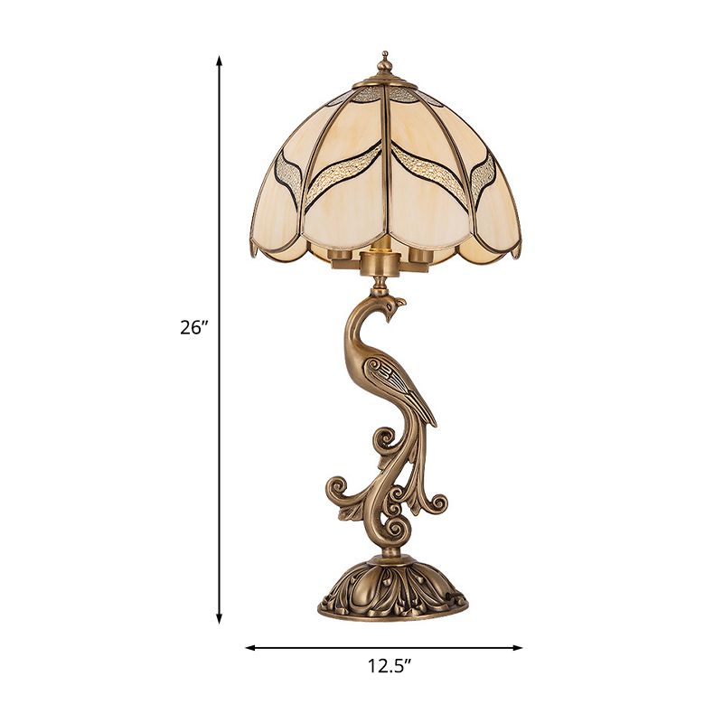 1/2-Light Dome/Bowl Night Lamp Traditional Gold Finish White Glass Nightstand Light with Peacock/Elliptical Frame Design
