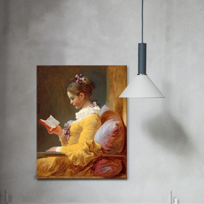 Girl Reading Art Print Vintage Textured Living Room Wrapped Canvas in Yellow (Multiple Size Options)