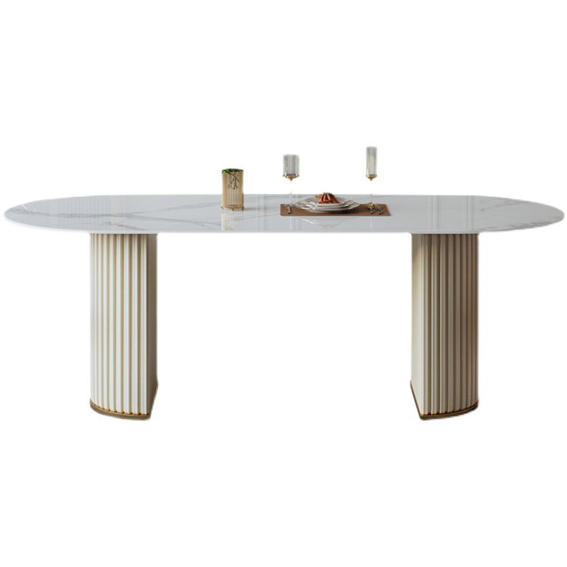 Luxury Sintered Stone Dining Table Oval White Table with Double Pedestal