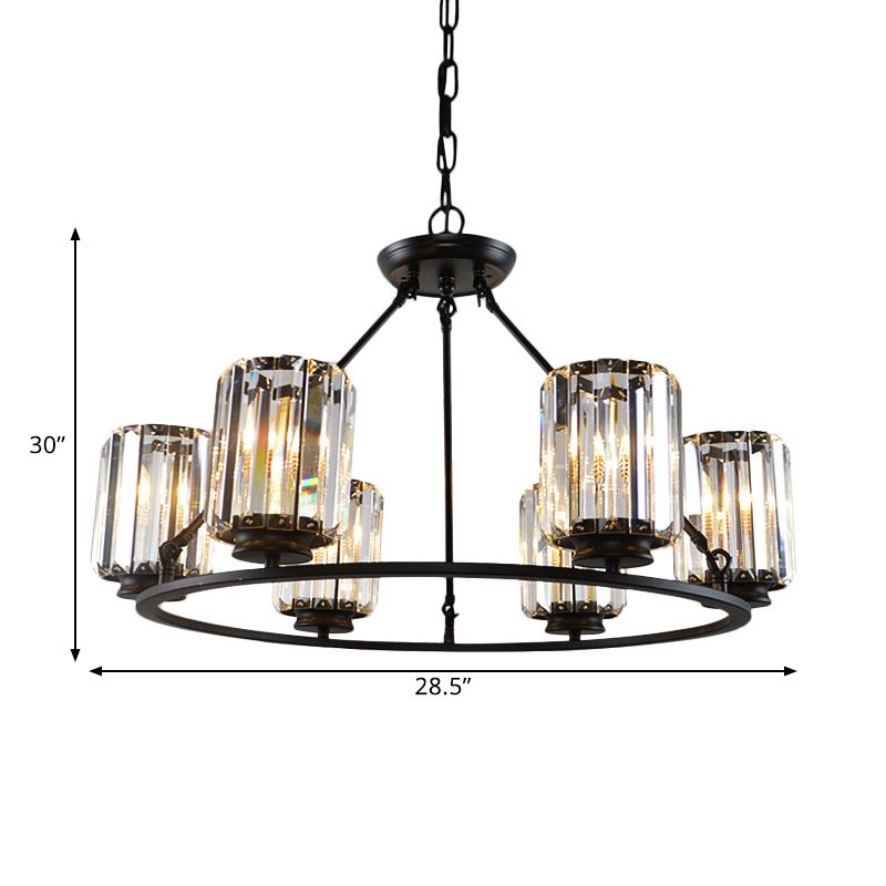 Chandelier de plafond à anneau contemporain 6/8 bulbes Clemper Crystal Cylinder Shade Suspension Lampe en noir