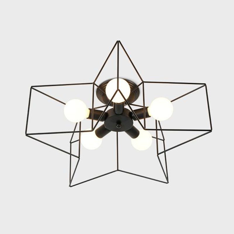 5 Heads Semi Flush Fixture Antique Star Frame Iron Flush Mount Ceiling Light for Bedroom