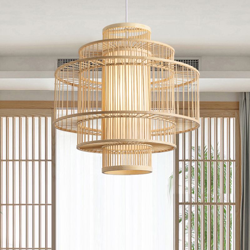 Bamboo Handcrafted Shade Ceiling Light Asian Style 1 Bulb Wood Hanging Light Fixture