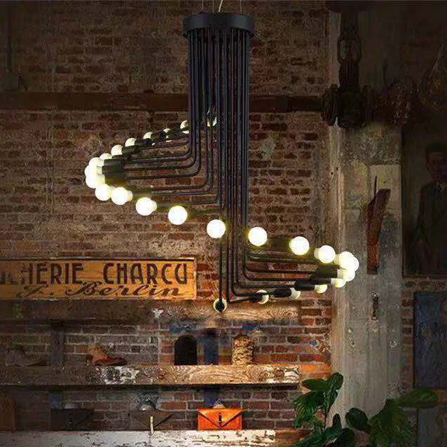 Spirale Stile industriale Lampadario in ferro battuto Light Design Bulb Open Design Retro Hanging in nero