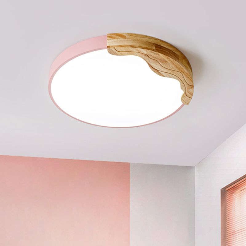 Pink Circular Flush Mount Lamp Modern Macaron Style Acrylic LED Ceiling Light Fixture with Wooden Deco, 16"/19.5" Wide