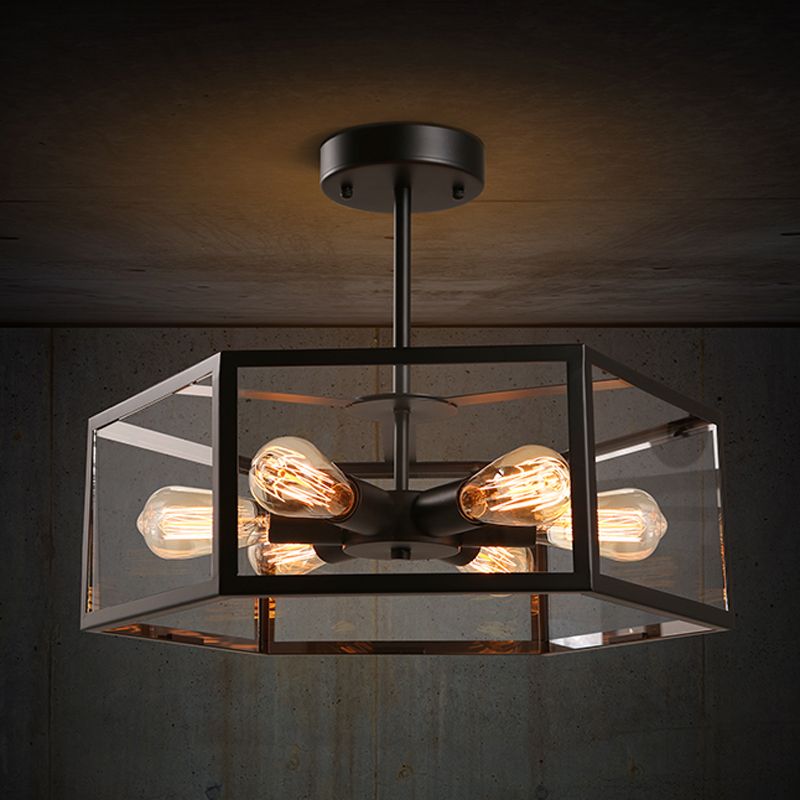 Hexagonal Glass Chandelier Light Fixture Industrial 6 Bulbs Suspension Light in Black