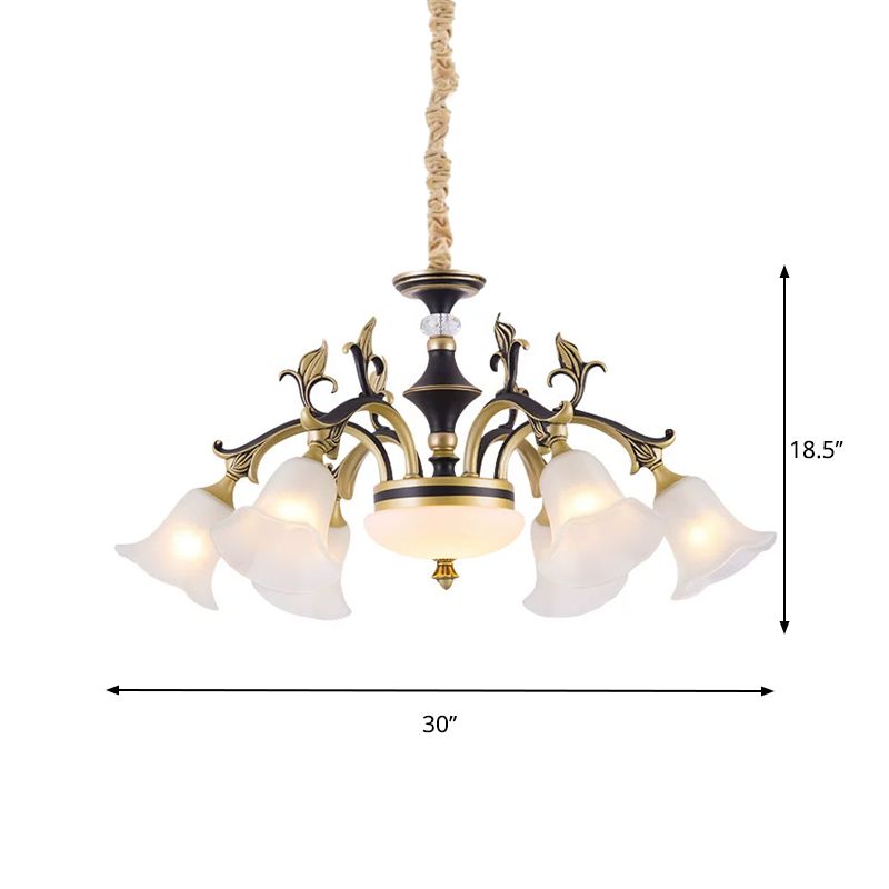Metallic Black-Gold Suspended Lighting Fixture Curvy Arm 6/8-Light Traditional Style Chandelier with Flower Glass Shade