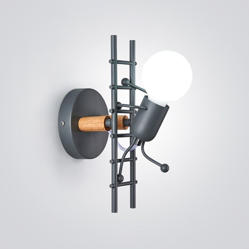 Grau/weiße und Holzleiter Mann Wandleuchter Cartoon 1-Köpfen metallische Wandmontageleuchte