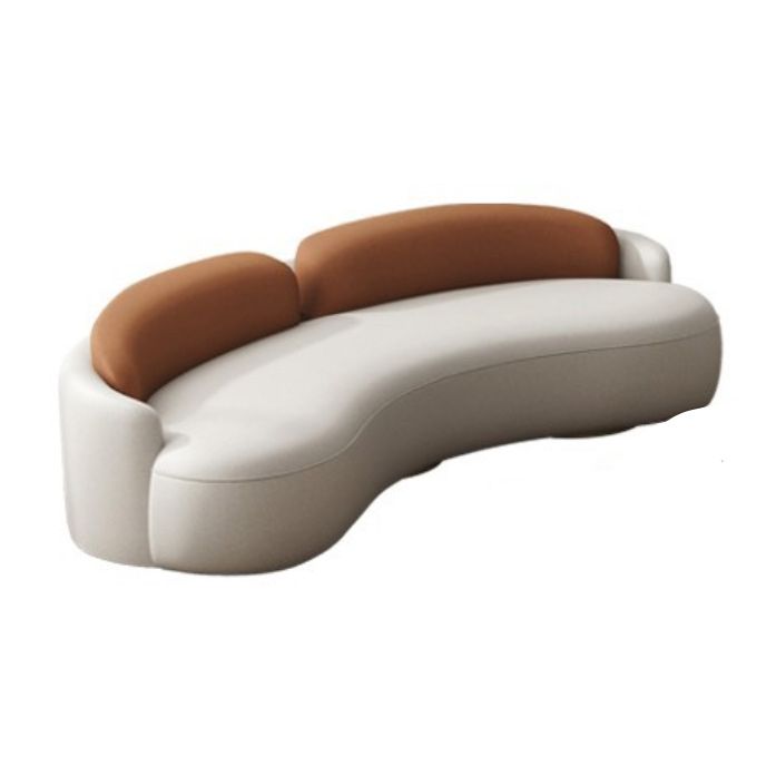 Contemporary Faux Leather Sofa Curved Cushions Back Sofa in White and Orange