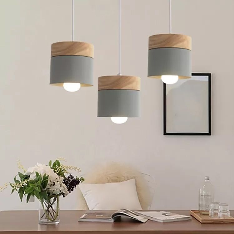 Wooden Cylindrical Hanging Lamp in Modern Creative Style Lacquered Iron Macaron Pendant Light