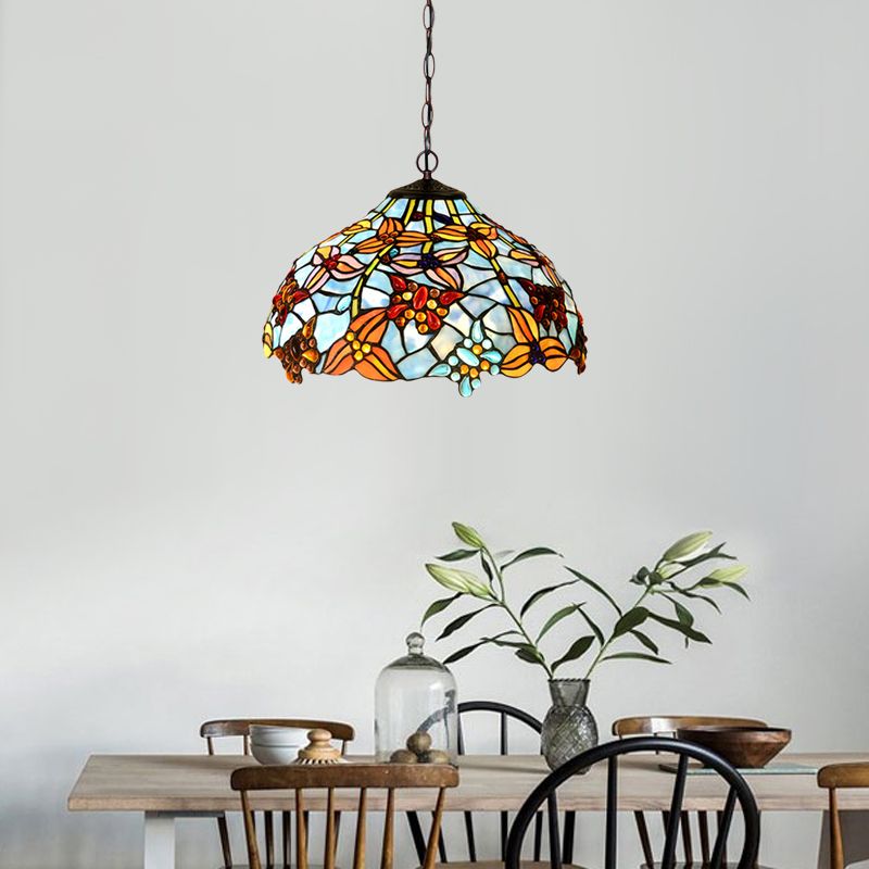 Red/Blue Cut Glass Petal Chandelier Lamp Mediterranean 2 Lights Bronze Pendant Light Fixture for Kitchen