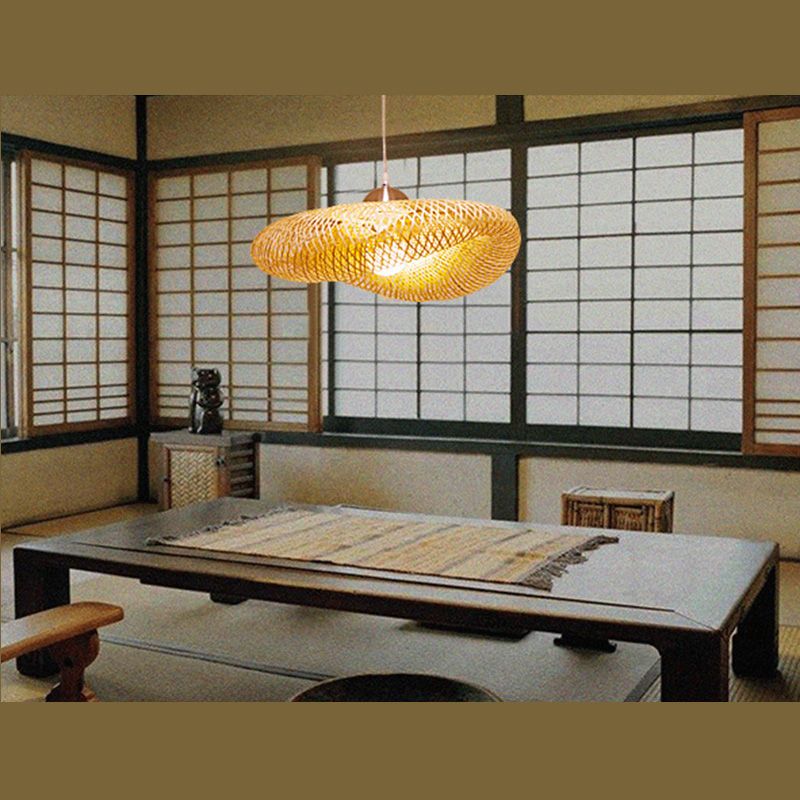 Beige Hat Shaped Pendant Lighting Fixture Asia Style Bamboo Hanging Pendant Light