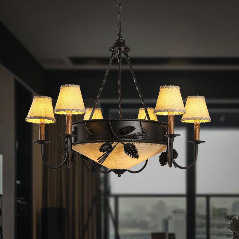 9 Lights Ceiling Light Country Domed Frosted Glass Hanging Chandelier in Black for Dining Room with Fabric Shade