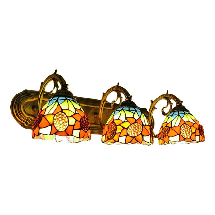 3 Heads Orange Vanity Lighting with Yellow Flower/Sunflower Pattern Lodge Tiffany Stained Glass Wall Lighting for Bathroom
