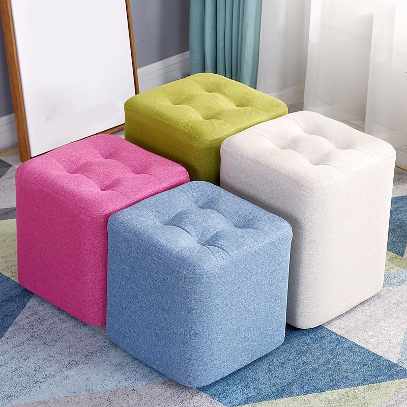 Contemporary Square Shape Cube Linen Blend Upholstered Ottoman