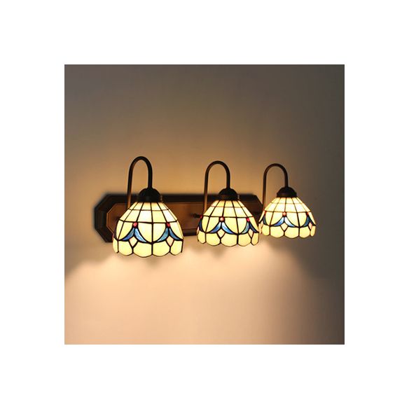 Beige Glass Dome Wall Mounted Light Baroque 3 Heads Black Sconce Lighting with Flower Pattern
