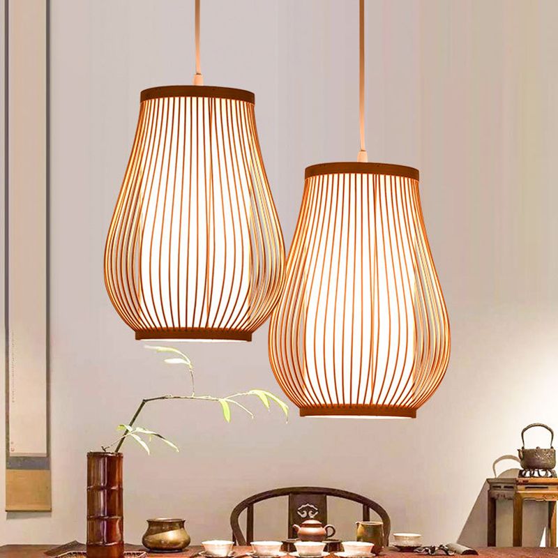 Bamboo Pear Ceiling Lighting Asian Style 1 Bulb Wood Hanging Light for Restaurant