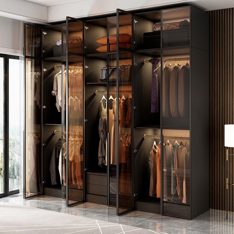 Brown Cabinet with Glass Doors Modern Hinged Door Wardrobe for Home