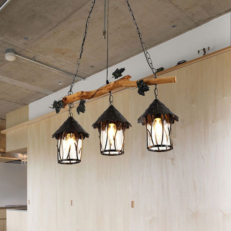 Lámpara de lámpara de luz de la isla de linterna negra lámpara colgante de cocina de 3 bombas, 27 "de ancho