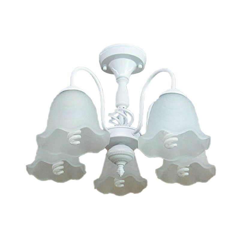 White 5 Lights Ceiling Lighting Classic Opal Glass Scalloped Semi Flush Light for Corridor