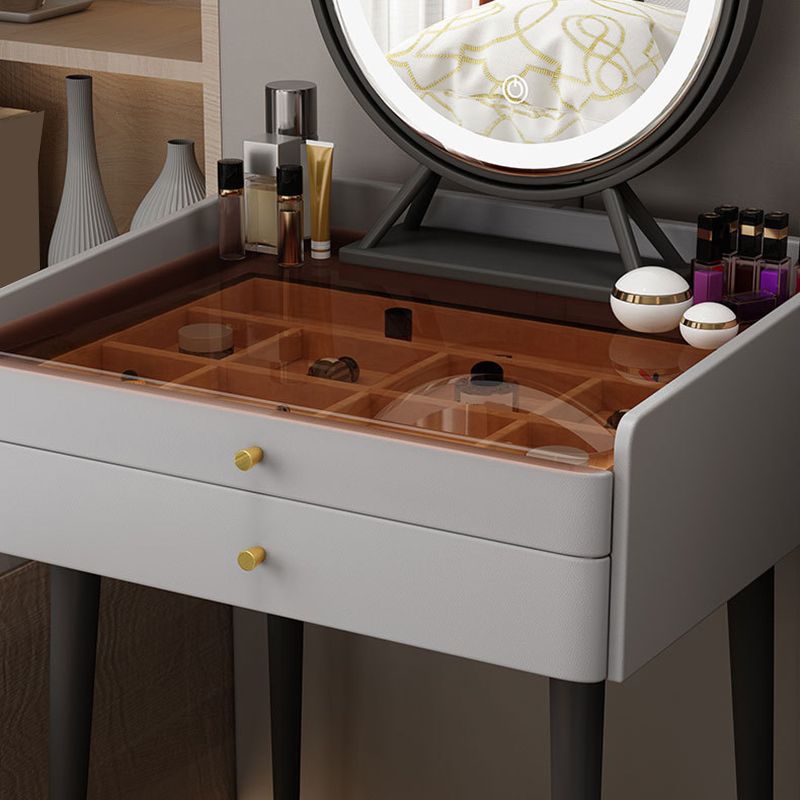 2 Storage Drawers Vanity Set Glass Top Jewelry Dressing Table with Padded Stool