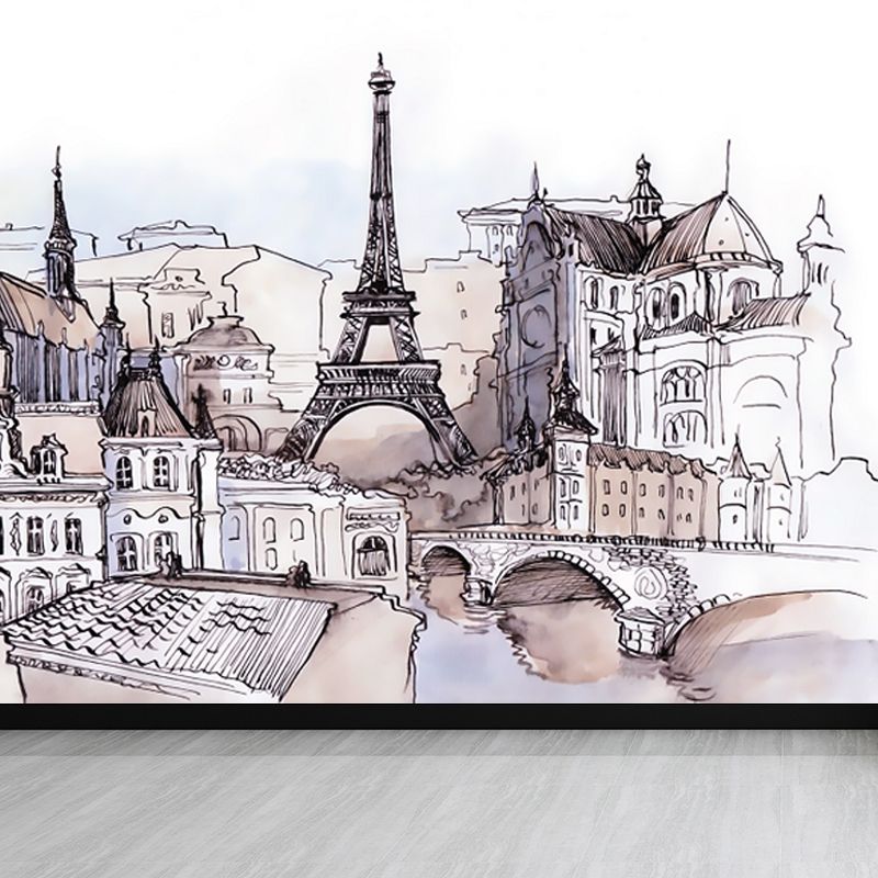 Grey Sketch Cityscape Mural Wallpaper Landmark Global Inspired Washable Wall Covering