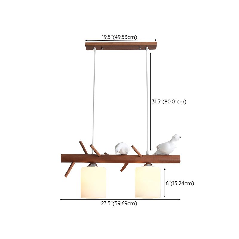 Wood Modern Pendant Light Cylinder Shape Island Light with Glass Shade for Living Room