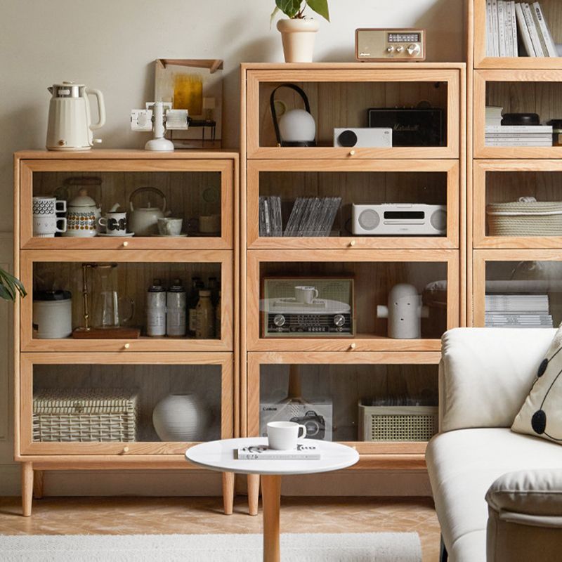Modern Oak Finished Glass Door Sideboard in Natural with Lights