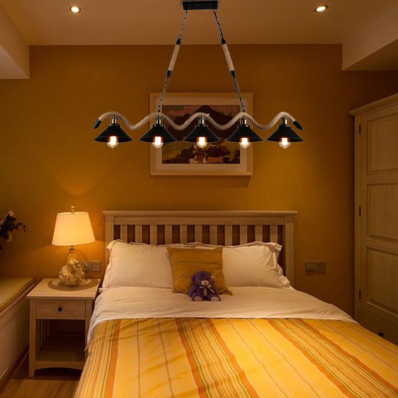 Farmhouse Style Conic Island Lamp 3/5 Bulbs Metal and Rope Pendant Light with Wavy Design in Black