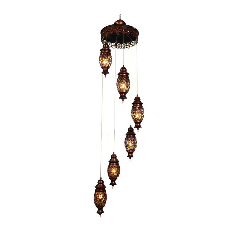 6 Bulbs Oval Cluster Pendant Bohemian Copper Metal Hanging Ceiling Light for Living Room