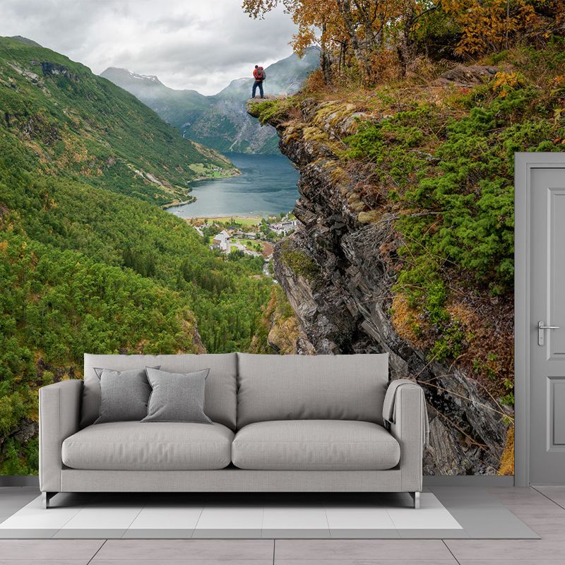 Modern Man on Cliff Mural Green Mountain Landscape Wall Art for Bedroom, Custom Print