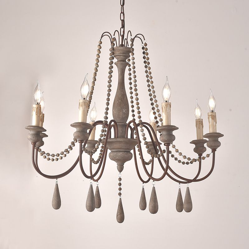 Retro Style Draping Bead Suspension Light 8 Heads Wood Chandelier Light with Candlestick