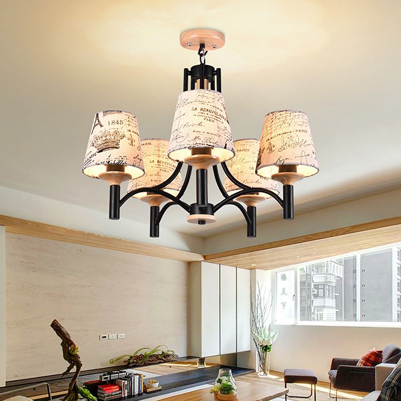 Black Barrel Semi Flush Lighting Modernist 5 Heads Patterned Fabric Flush Mount Lamp Fixture