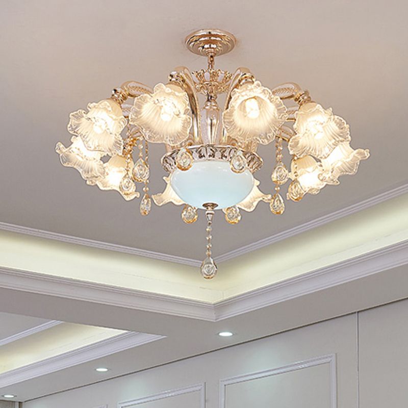 Lustre floral vintage Light Light Light Roubed Glass Hanging Light avec un accent en cristal