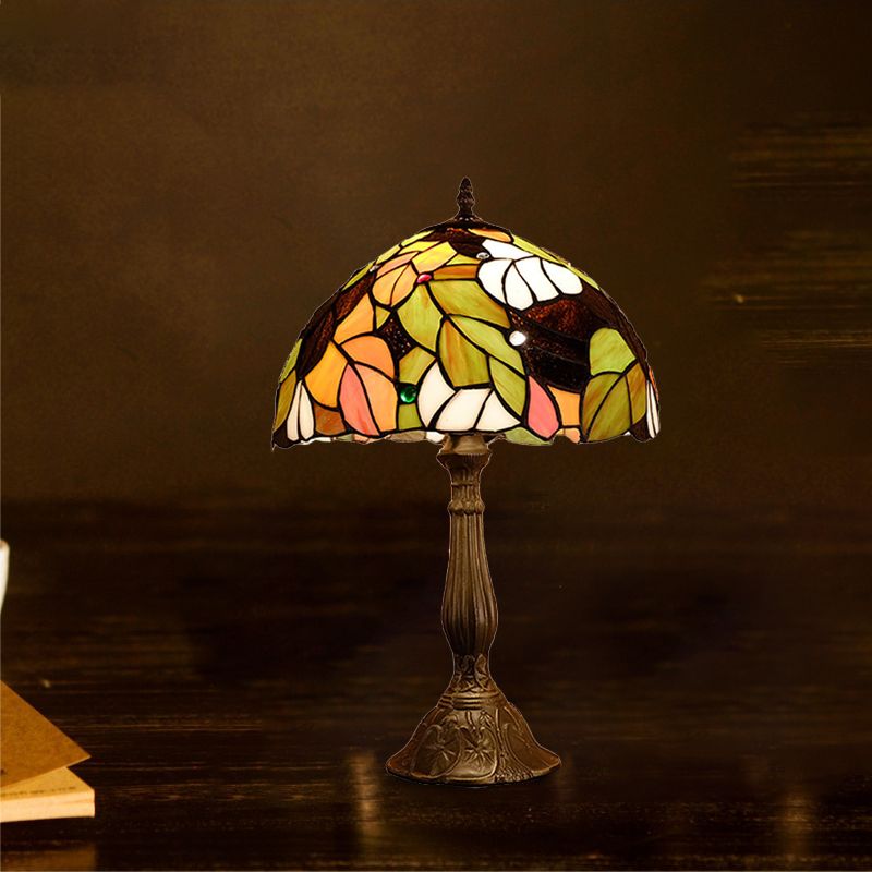 1 kop Dome tafellamp barokke stijl geel/groen/oranje gebrandschilderd glas nachtkastje lamp met blad/bloempatroon
