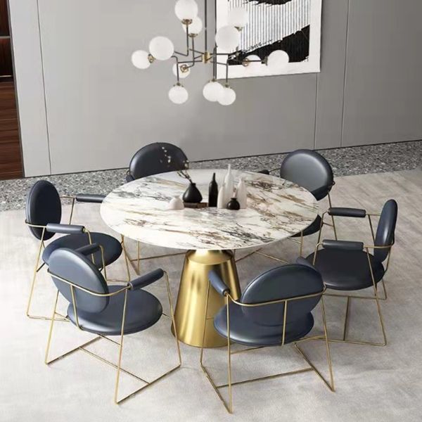 Glam Style Round Stone Top Dining Table Gold Base Dining Table for Living Room
