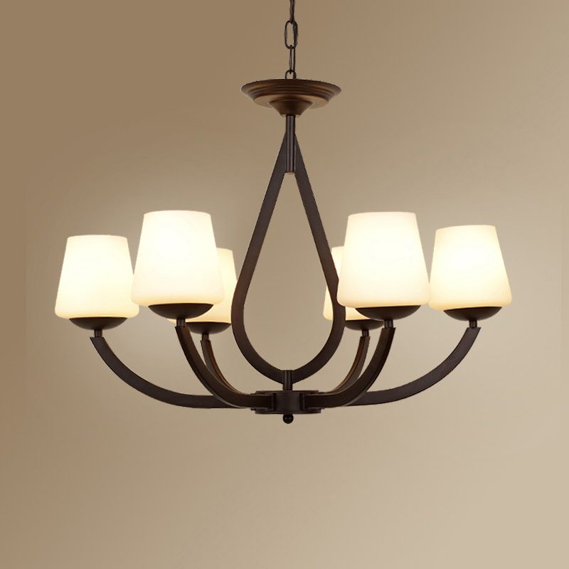 Metall schwarzer Finish Kronleuchter Swoop Arm Vintage Anhänger Licht mit konischem Milchglas Schatten