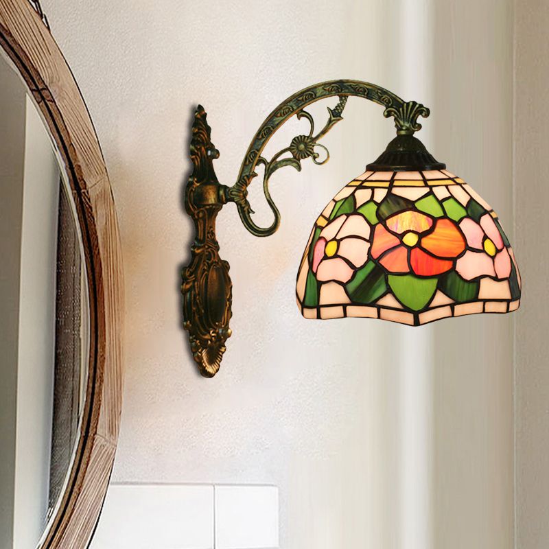 Red/Pink Flower Bowl Sconce Light Tiffany 1 Head Stained Glass Wall Mounted Lighting Fixture