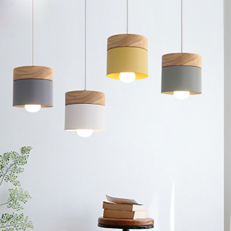 Modern Minimalist Wooden Top Pendant Light Metal Macarons 1-Light Pendant Lighting