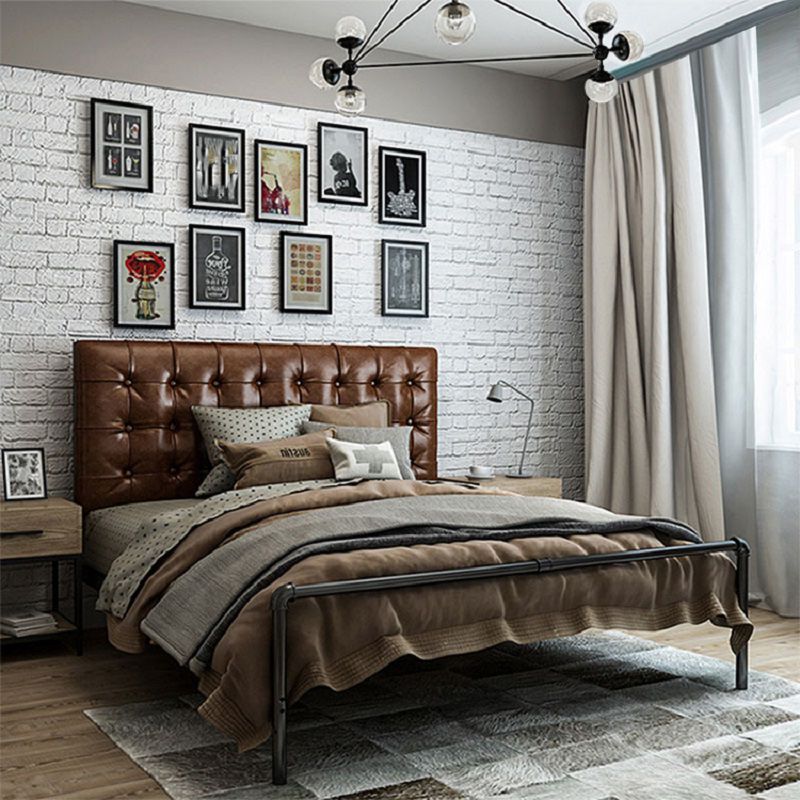 Contemporary Metal Platform Bed Standard Bed with Upholstered Headboard
