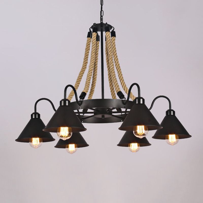 Multi Lights Black Hanging Chandelier Light Industrial Rope Cone Pendant Lamp