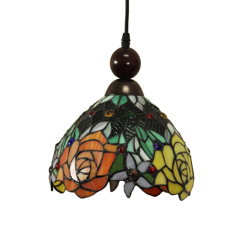 Pink/Yellow 1 Light Pendant Lighting Tiffany Style Stained Art Glass Blossom Ceiling Lamp