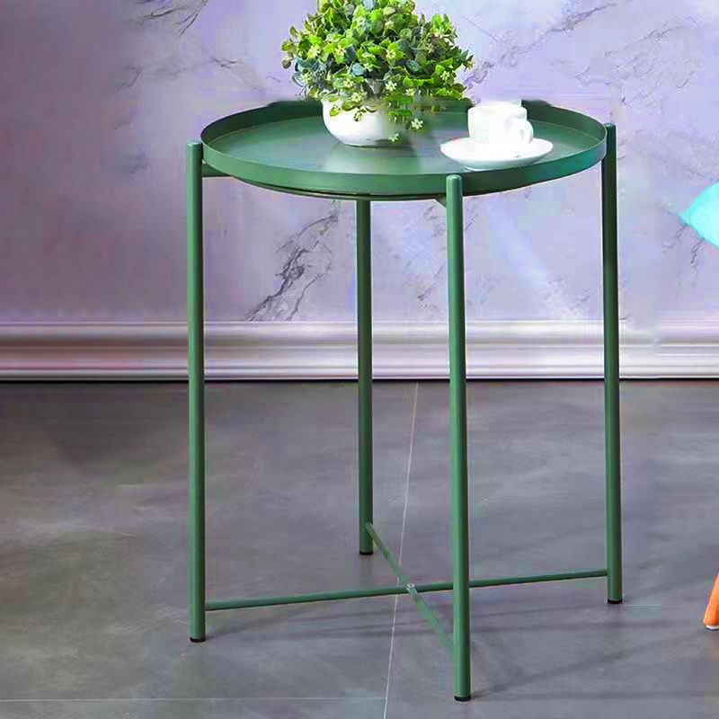 Mid-Century Round Tray Top Side Table Metal Cross Legs End Table
