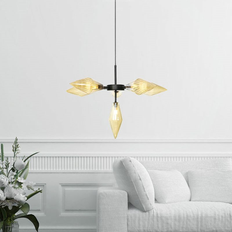Black Tapered Chandelier Lamp Modernist 6 Heads Amber Glass Ceiling Pendant Light